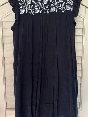 Studio West Black Embroidered Boho Dress Women's Flutter Sleeve Rayon Cotton M